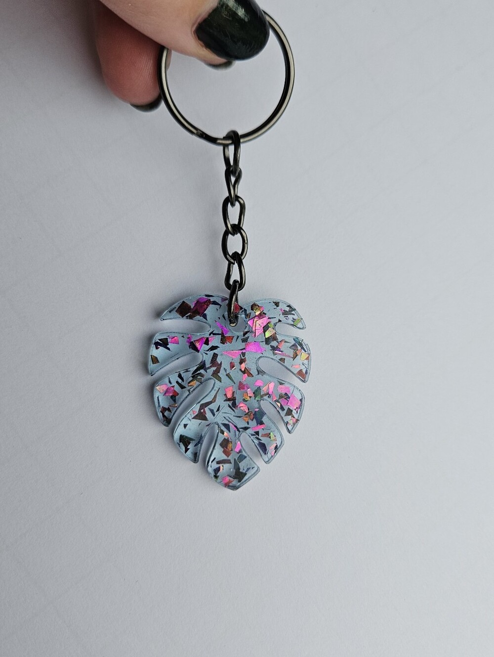 Handmade Monstera Leaf Glitter Resin Keychain Plant Mom Gift Purse Charm Blue